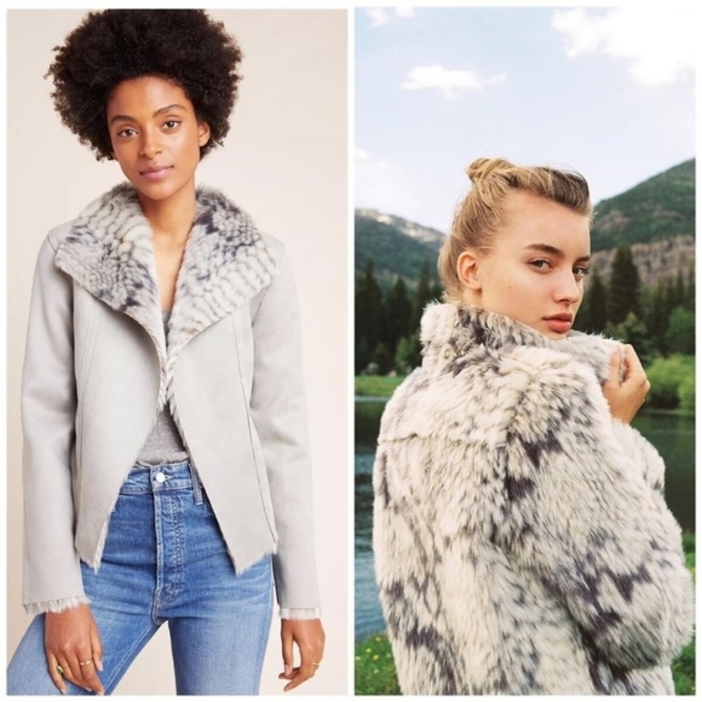 Anthropologie Light Gray Faux Fur Trim Jacket